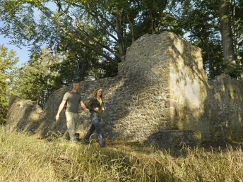 Zwei Menschen spazieren an einer steinernen Ruine im Wald entlang, umgeben von hohen Bäumen.