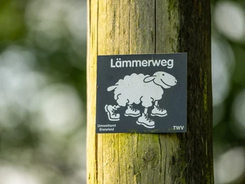 Ein Schild mit einer Zeichnung eines Schafs in Schuhen kennzeichnet den Lämmerweg in Bielefeld.