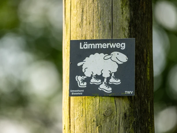 Wegezeichen Bielefelder Lämmerweg Ein Schild mit einer Zeichnung eines Schafs in Schuhen kennzeichnet den Lämmerweg in Bielefeld.