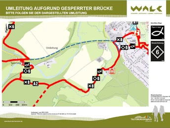 Umleitung Pilgerweg.JPG Umleitungskarte für Pilgerweg wegen gesperrter Brücke; rote Linien markieren den Alternativweg.