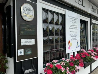Hotel-Restaurant Zum Holländer - Außenansicht Die Front eines Hotels mit Schildern und blühenden Geranien vor einem Fenster.