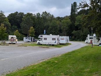 Wohnmobile parken auf einem großzügigen Stellplatz, umgeben von grünen Bäumen und einem bewölkten Himmel.