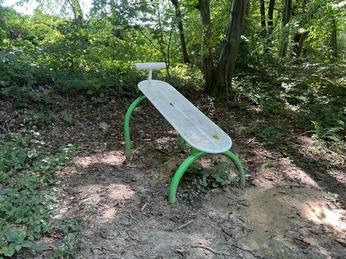 Trimm-Dich-Pfad Grüne Parkbank im Wald, umgeben von Bäumen und Laub auf dem Boden, lädt zur Rast in der Natur ein.