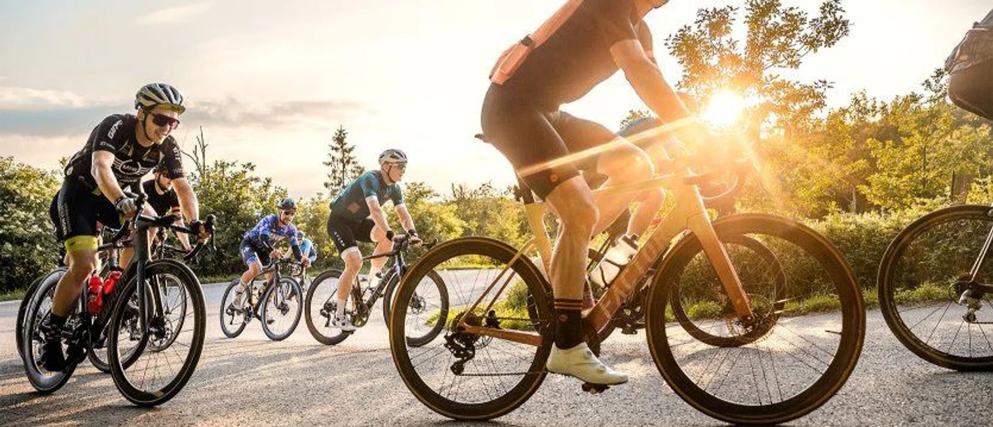 bike-components.jpg Mehrere Radfahrer*innen fahren auf einer sonnigen Straße, umgeben von Natur.