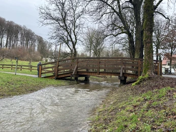 Brücke überquert den Ellerbach in einer grünen, baumgesäumten Landschaft bei bewölktem Himmel.