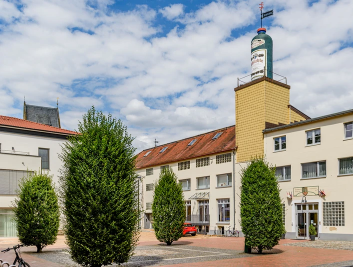 Schlichte Carree (C) pro Wirtschaft GT, Mario Wallenfang Drei hohe, grüne Büsche stehen auf einem gepflasterten Platz vor einem beige-gelben Gebäude mit Turm.