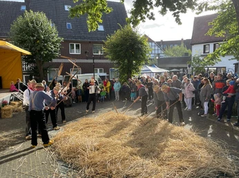 Männer in traditioneller Kleidung dreschen Getreide mit Holzflegeln auf einem Stadtfest vor Publikum.