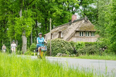 Unterwegs in Wietzendorf Drei Frauen radeln an einem reetgedeckten Bauernhaus unter grünen Bäumen vorbei.