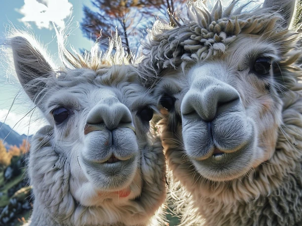 Alpaka Wanderung Two curious alpacas with fluffy fur look into the camera, blue sky and trees in the background.