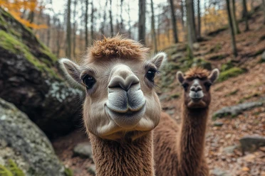 Two llamas in the forest, one in the foreground with a curious look, the other out of focus in the background. Autumnal atmosphere with foliage and trees.
