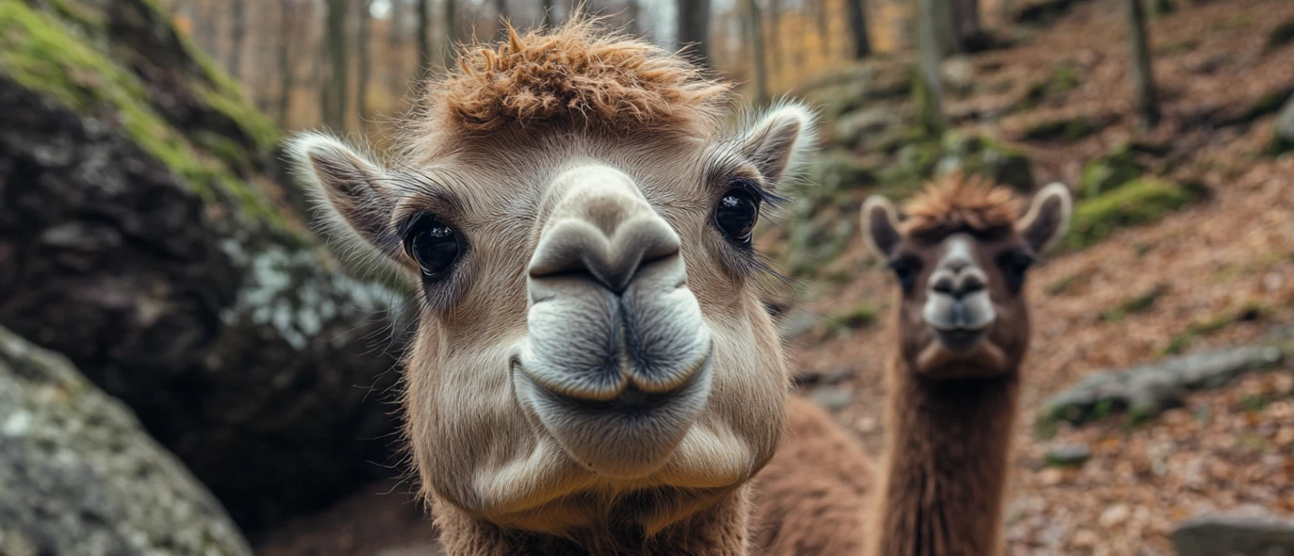 Twee lama's in het bos, één op de voorgrond met een nieuwsgierige blik, de ander onscherp op de achtergrond. Herfstachtige sfeer met gebladerte en bomen.