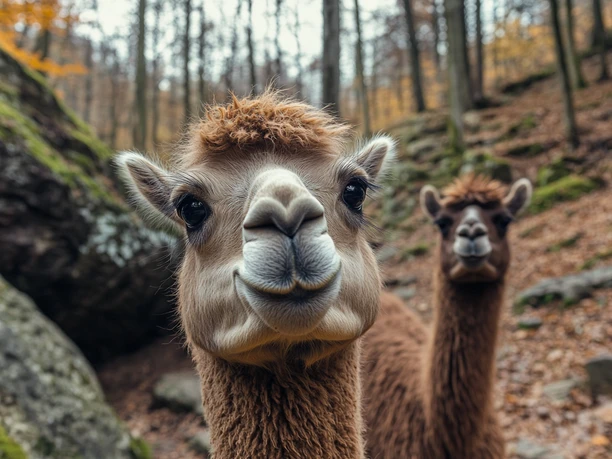 Alpaka Wanderung Two llamas in the forest, one in the foreground with a curious look, the other out of focus in the background. Autumnal atmosphere with foliage and trees.