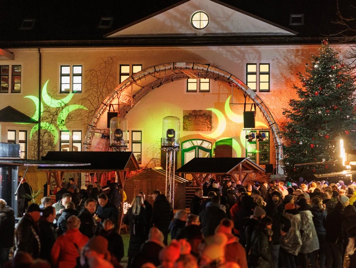 Menschenmenge auf belebtem Weihnachtsmarkt vor beleuchtetem historischen Gebäude bei Nacht.