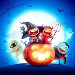 Halloween - Hexe auf Kürbis Fröhliche Kinder in Halloween-Kostümen sitzen lachend auf einem leuchtenden Kürbis unter Vollmond.