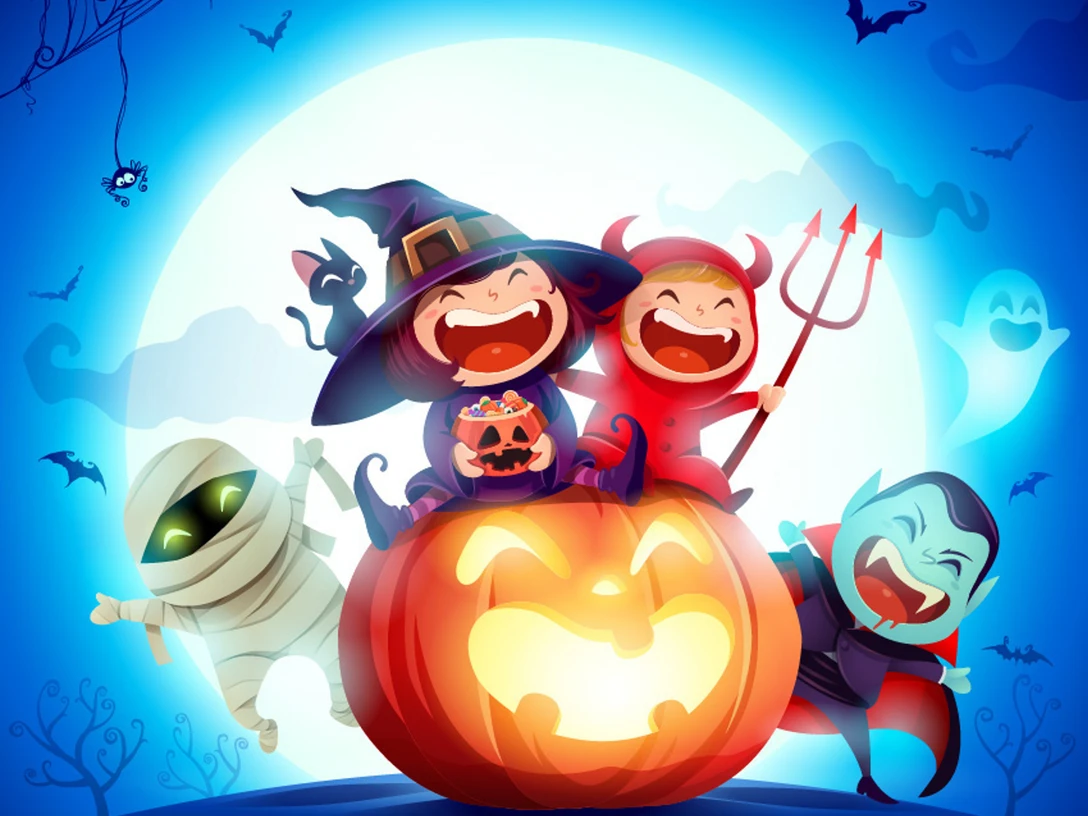 Halloween - Hexe auf Kürbis Fröhliche Kinder in Halloween-Kostümen sitzen lachend auf einem leuchtenden Kürbis unter Vollmond.