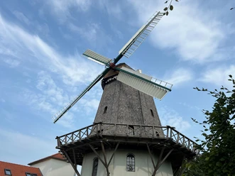 Historische Windmühle mit hölzernem Rumpf und großen Flügeln unter blauem Himmel, flankiert von Gebäuden.
