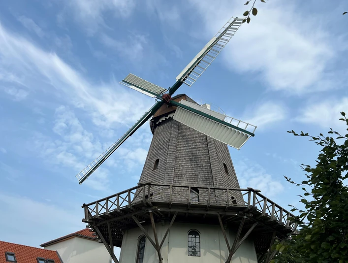 Windmühle Holtum (Geest) Historische Windmühle mit hölzernem Rumpf und großen Flügeln unter blauem Himmel, flankiert von Gebäuden.