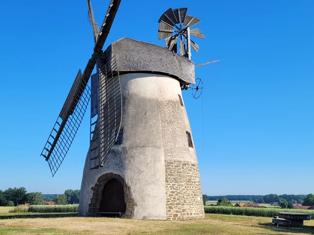 Historische Windmühle mit großen Flügeln in ländlicher Umgebung unter klarem blauem Himmel.