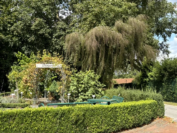 Bibelgarten Lünne ©Emsland Tourismus GmbH Grüner Garten mit Bogengang, dichten Sträuchern, Schildern und Sitzbank unter hohen Bäumen