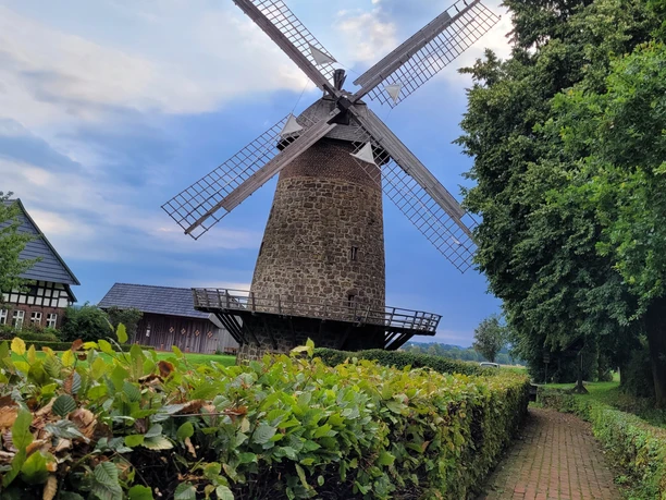 Eine historische Mühle mit markanten Flügeln, umgeben von grüner Vegetation und Bäumen.