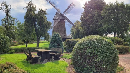 Königsmühle Eilhausen Königsmühle Eilhausen, historische Windmühle in grüner Umgebung, mit Bänken und Tisch im Vordergrund.