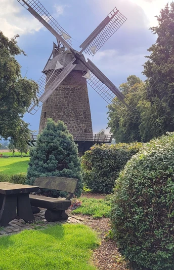 Königsmühle Eilhausen Königsmühle Eilhausen, historische Windmühle in grüner Umgebung, mit Bänken und Tisch im Vordergrund.