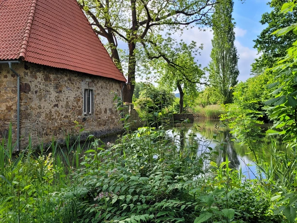 Stockhausen Ein Steinhaus mit rotem Dach steht an einem Teich, umgeben von üppiger Natur und grünen Bäumen.