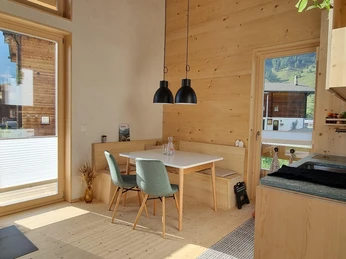 Wohnbereich, Küche und wassergeführter Holzofen