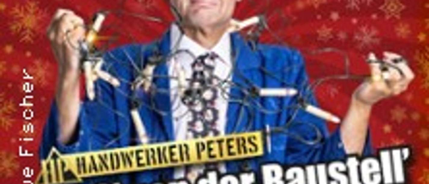 Mann in blauem Helm mit Lichterketten vor rotem Hintergrund mit Weihnachtssymbolen.