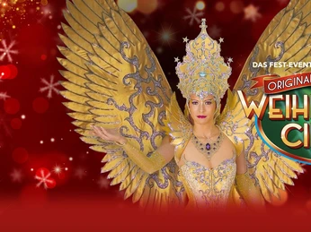 Kostümierte Person mit goldenen Flügeln und einem prächtig verzierten Helm vor einem funkelnden, roten Hintergrund. Daneben ist das Logo des Aachener Weihnachtscircus in lebhaften Farben.
