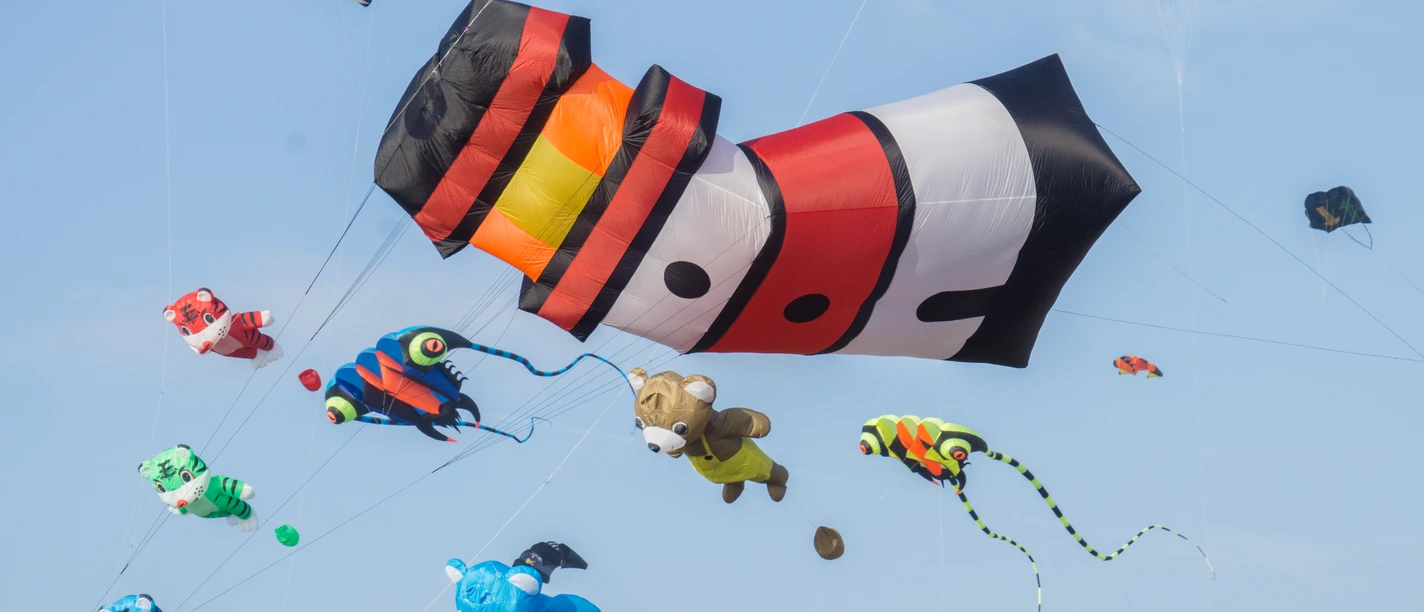 Drachenfest Upleward 2018 Bunte Drachen am Himmel über dem Deich