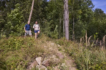 LeistruperWald-LeistruperWaldRoute-LeistruperWald-LTMGmbH-HirschmeierMediaGmbH&CoKG_047.jpg Zwei Wanderer im Grünen auf einem schmalen Waldpfad, umgeben von hohen Bäumen und dichtem Laubwerk.