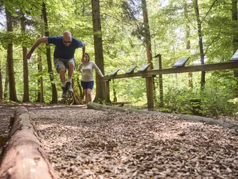 Ein Mann und eine Frau auf einem balancierbaren Holzsteg im dichten grünen Wald, umgeben von Bäumen.