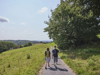 Dörentrup-NABULehrpfad-Teutoburger Wald-LTMGmbH-HirschmeierMediaGmbH&CoKG_042.jpg Zwei Wanderer auf einem asphaltierten Weg im Teutoburger Wald, umgeben von grünen Wiesen und Bäumen.