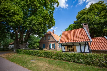 Areal-Altes-Pfarrhaus_Schapen©MedienAtelierEmsland.jpg Historische Fachwerkhäuser mit roten Dächern neben alten Bäumen unter blauem Sommerhimmel.