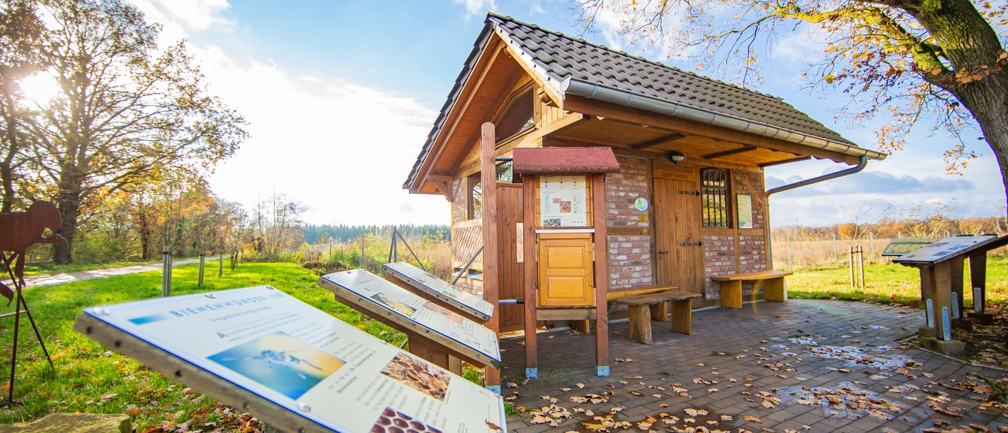 Bienenhaus_Venhaus©MedienAtelierEmsland.jpg Kleines Backsteinhaus mit Infotafeln zur Imkerei, umgeben von Wiese und herbstlichen Bäumen.