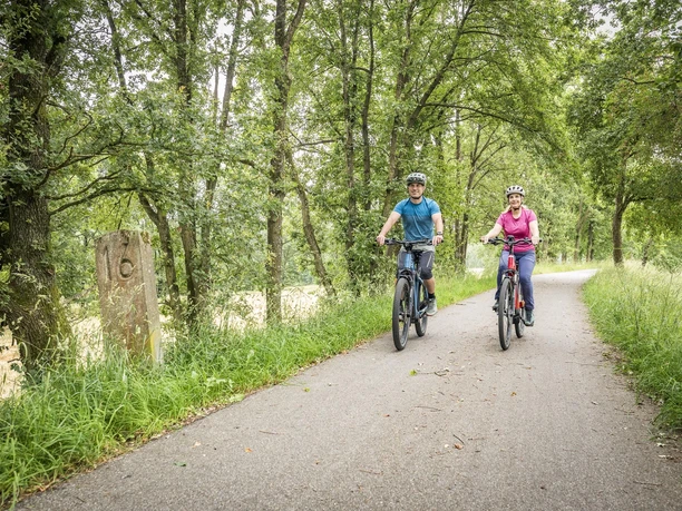 Radfahrer am Falkenstein-Radweg Zwei Radfahrer auf dem Falkensteinradweg mit einem der typischen Kilometersteine, die noch heute an die ehemalige Bahnstrecke des Falkensteiner Bockerls erinnern.