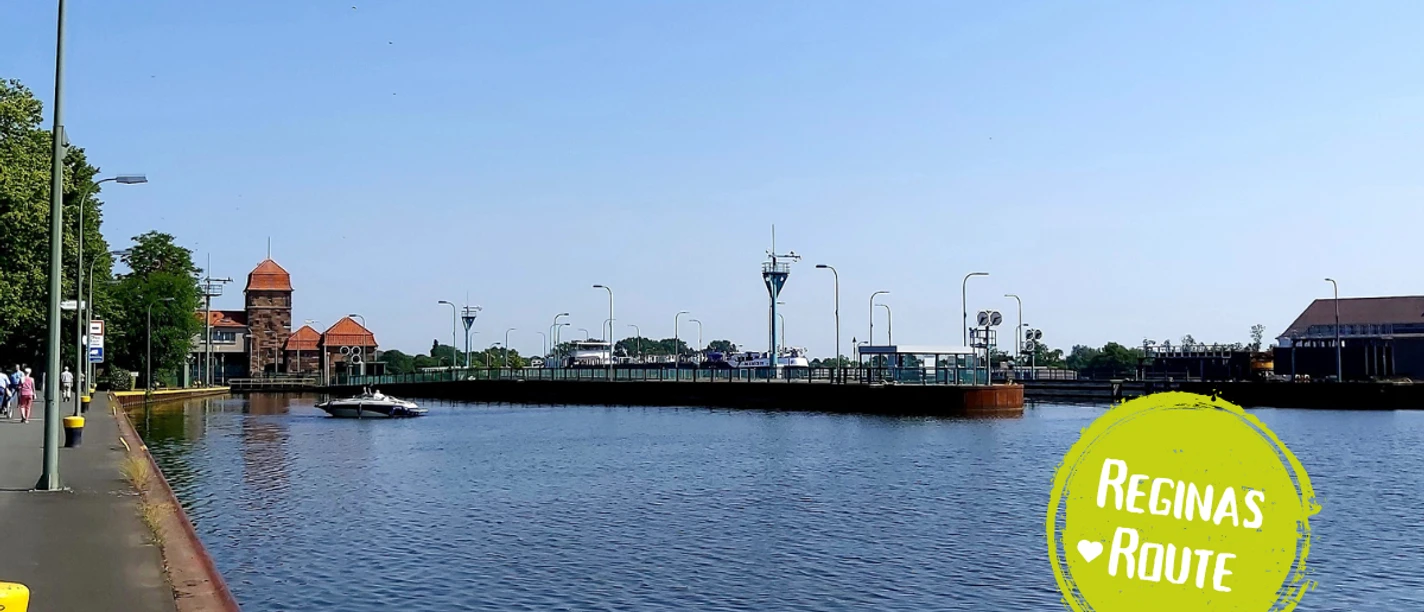Minden - Kanal-Weser-Route.png Das Bild zeigt die beiden Schleusenanlagen im Oberhafen von Minden.