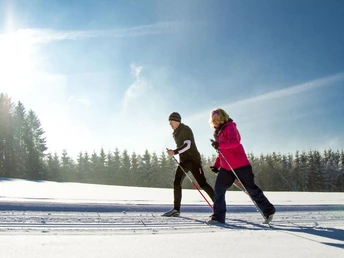 Zwei Langläufer in einer klassischen Loipe Zwei Langläufer in einer klassischen Loipe