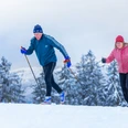 Langläufer-Paar vor verschneiten Tannen Langläufer-Paar vor verschneiten Tannen