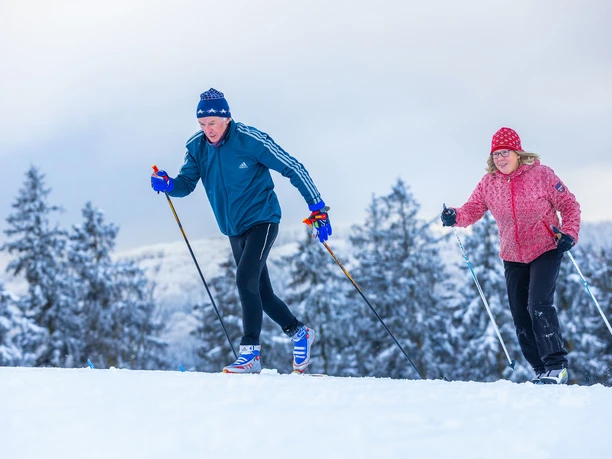 Langläufer-Paar vor verschneiten Tannen Langläufer-Paar vor verschneiten Tannen