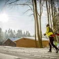 Langläufer in der Loipe vor Holzhütten Langläufer in der Loipe vor Holzhütten