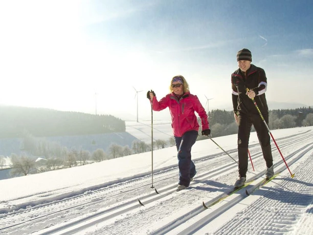 Zwei Langläufer in der Loipe vor toller Aussicht Zwei Langläufer in der Loipe vor toller Aussicht