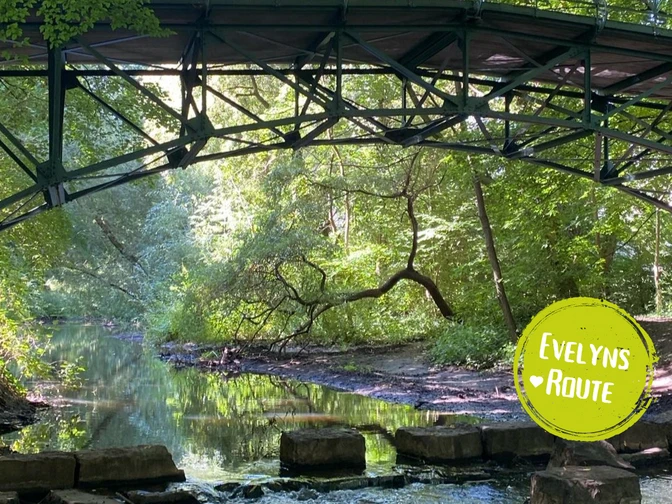 Minden - Weserpromenade.png Das Bild zeigt die Glacis-Brücke über den Fluss Bastau.