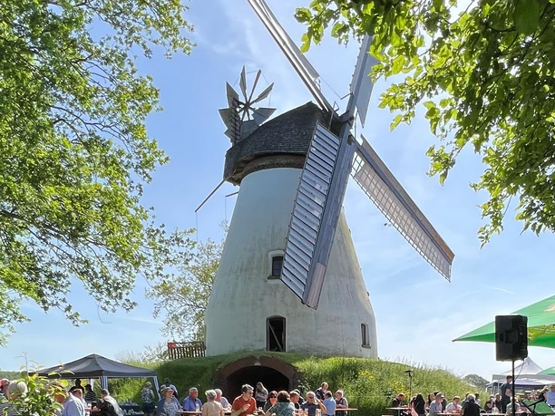 Menschen sitzen an Tischen vor einer traditionellen Windmühle mit drehenden Flügeln bei Sonnenschein.