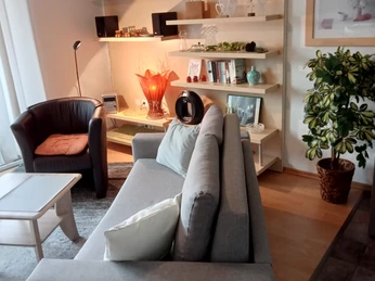 Wohnzimmer der Fewo Villa Neviges in Velbert-Neviges Wohnzimmer der Fewo Villa Neviges in Velbert-Neviges mit grauem Sofa, Sessel, Pflanzen und Regalen.