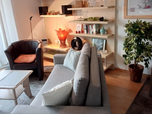 Wohnzimmer der Fewo Villa Neviges in Velbert-Neviges Wohnzimmer der Fewo Villa Neviges in Velbert-Neviges mit grauem Sofa, Sessel, Pflanzen und Regalen.