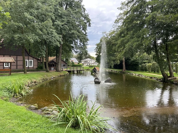 Teich mit Wasserfontäne vor einem historischen Fachwerkhaus, umgeben von grünen Bäumen und Wiese.