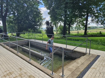 Ein Mann geht durch ein Wasser-Tretbecken im Grünen, umgeben von Bäumen und einem Zaun im Hintergrund.