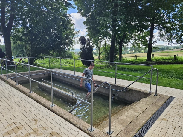 Bad Driburg_Wasser-Tretbecken Alhausen Ein Mann geht durch ein Wasser-Tretbecken im Grünen, umgeben von Bäumen und einem Zaun im Hintergrund.